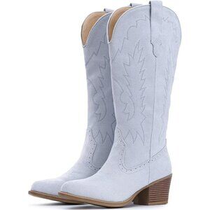 Women Blue Chunky Heel Pointed Toe Cowgirl Mid Calf Embroidery Western Boots